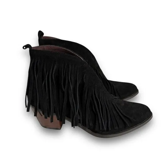 L&amp;B Women's Fringe‎ Leather Slip On Boots Booties Black Size 8