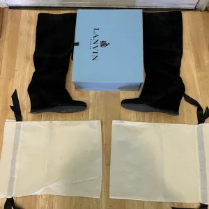 Lanvin Black Suede Knee Length Wedge Boots Size 39