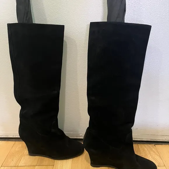Lanvin Black Suede Knee Length Wedge Boots Size 39