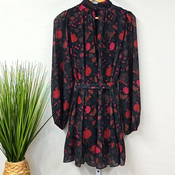 LDT Black and Red Long Sleeve Floral Mini Dress size 2