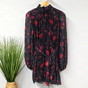 LDT Black and Red Long Sleeve Floral Mini Dress size 2