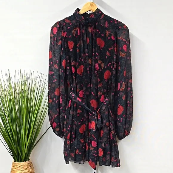 LDT Black and Red Long Sleeve Floral Mini Dress size 2