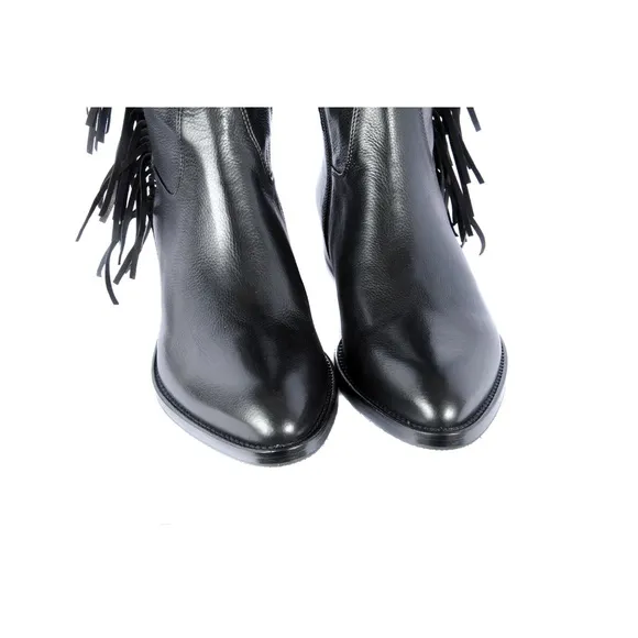 Le Pepe Blk Leather knee high Boots with Fringes