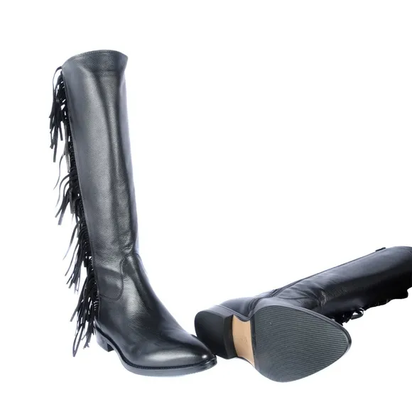 Le Pepe Blk Leather knee high Boots with Fringes