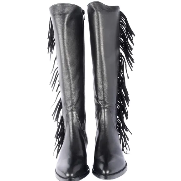 Le Pepe Blk Leather knee high Boots with Fringes