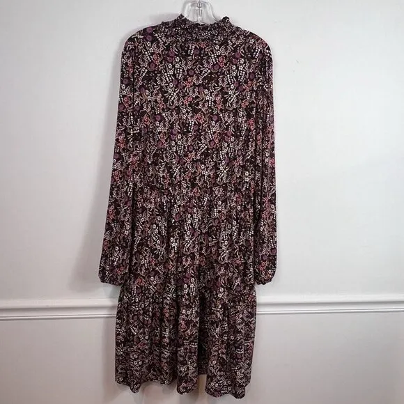 Leota Women's Long Sleeve Olive Boho Jersey Tiered Dress Red Size 2X Floral New