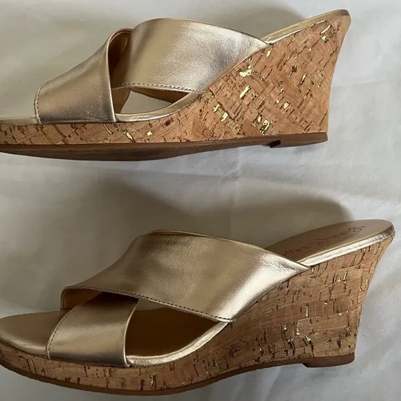 Lilly Pulitzer Selena Gold Criss CrossLeather Women's Slide Sandals Sz 6.5M EUC