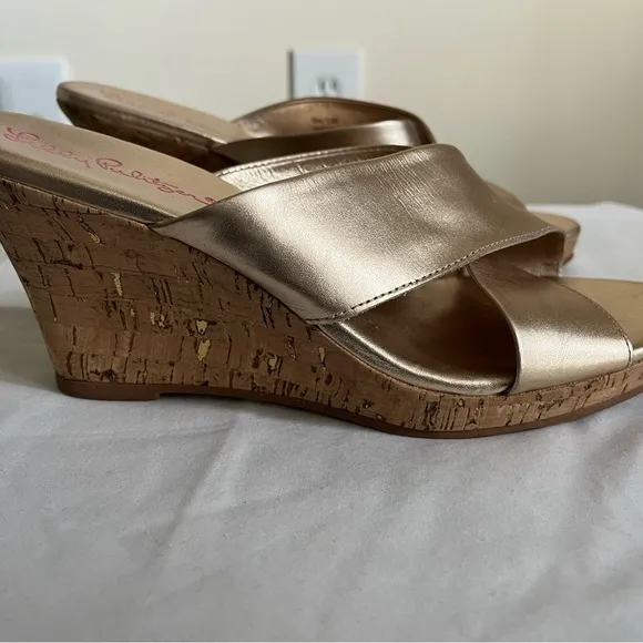 Lilly Pulitzer Selena Gold Criss CrossLeather Women's Slide Sandals Sz 6.5M EUC