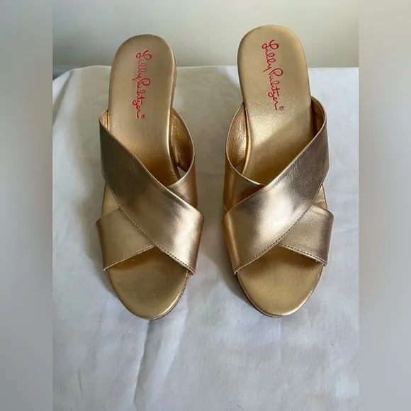 Lilly Pulitzer Selena Gold Criss CrossLeather Women's Slide Sandals Sz 6.5M EUC