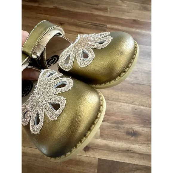 Livie &amp; Luca Gold Metallic Petal Mary Jane Leather Dress Shoes Velcro Girls 7