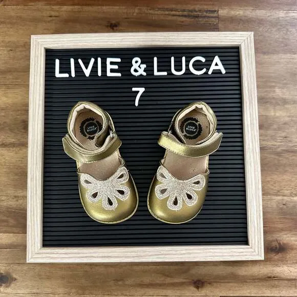 Livie &amp; Luca Gold Metallic Petal Mary Jane Leather Dress Shoes Velcro Girls 7