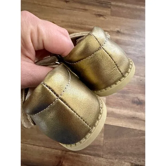 Livie &amp; Luca Gold Metallic Petal Mary Jane Leather Dress Shoes Velcro Girls 7