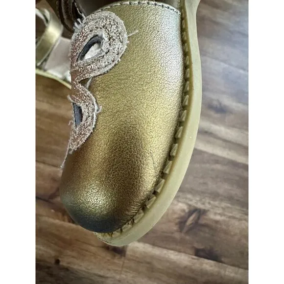 Livie &amp; Luca Gold Metallic Petal Mary Jane Leather Dress Shoes Velcro Girls 7