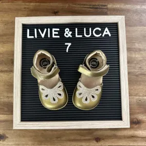 Livie &amp; Luca Gold Metallic Petal Mary Jane Leather Dress Shoes Velcro Girls 7