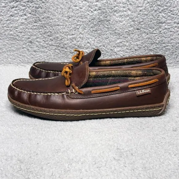 LL Bean Handsewn Slippers Flannel Lined Mens Size 8 Moccasin Shoes Brown Leather