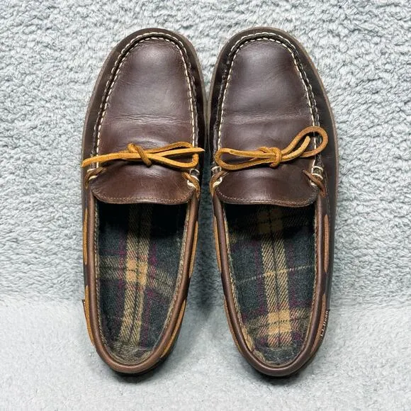 LL Bean Handsewn Slippers Flannel Lined Mens Size 8 Moccasin Shoes Brown Leather