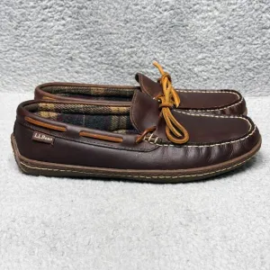 LL Bean Handsewn Slippers Flannel Lined Mens Size 8 Moccasin Shoes Brown Leather