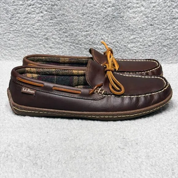 LL Bean Handsewn Slippers Flannel Lined Mens Size 8 Moccasin Shoes Brown Leather