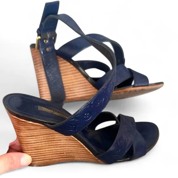 Louis Vuitton Shoes Blue Wedge Ankle Strap Size 38 (8US) Sandals