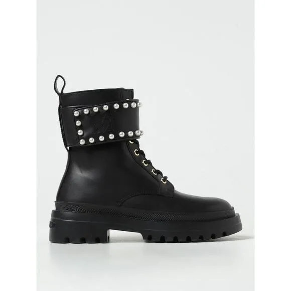 Love Moschino Pearl Embellished LaceUp Boots Women Black Ankle