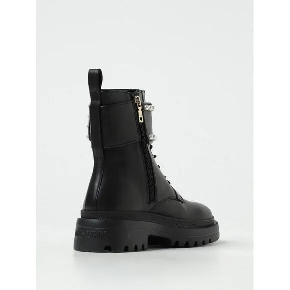 Love Moschino Pearl Embellished LaceUp Boots Women Black Ankle