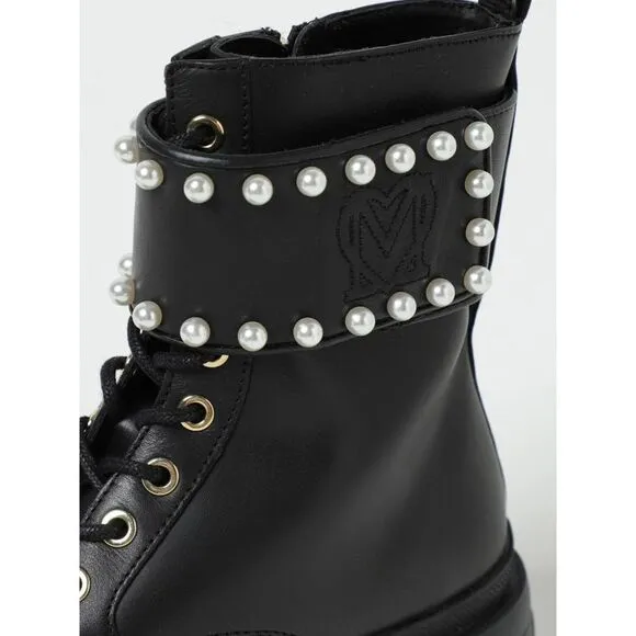 Love Moschino Pearl Embellished LaceUp Boots Women Black Ankle