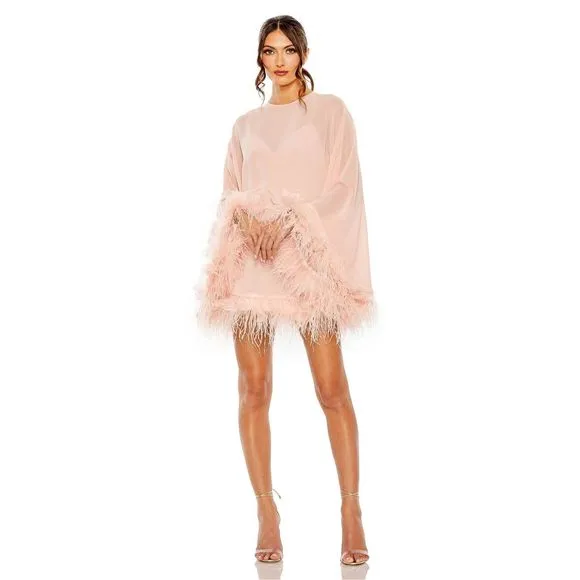 MAC DUGGAL TRAPEZE DRESS WITH FEATHER TRIM