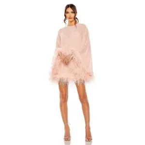 MAC DUGGAL TRAPEZE DRESS WITH FEATHER TRIM