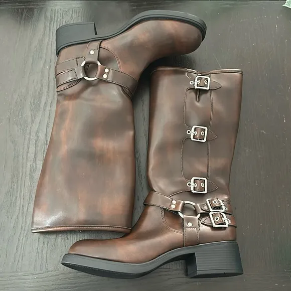 MADDEN GIRL Brown Black with Silver Buckle Tall Boots. Size 11 Vegan Leather