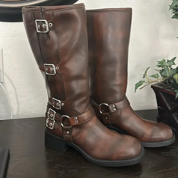 MADDEN GIRL Brown Black with Silver Buckle Tall Boots. Size 11 Vegan Leather