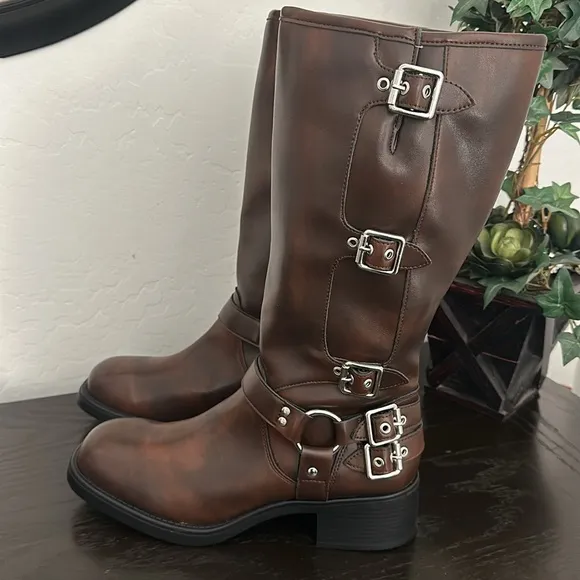 MADDEN GIRL Brown Black with Silver Buckle Tall Boots. Size 11 Vegan Leather