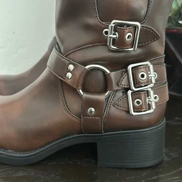 MADDEN GIRL Brown Black with Silver Buckle Tall Boots. Size 11 Vegan Leather