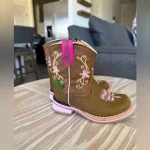 Made in Mexico|Baby girl cowboy leather boots,brown with floral embroidery•••New