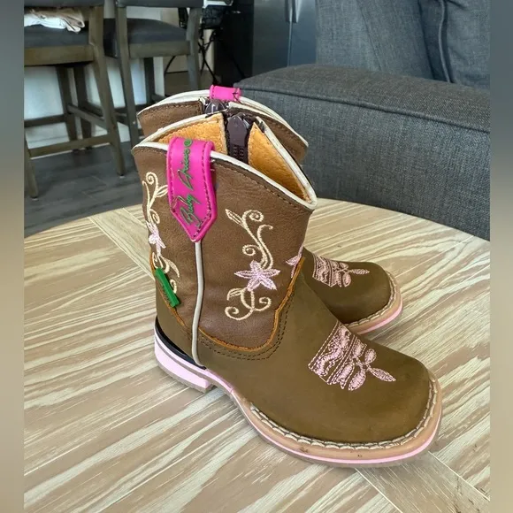 Made in Mexico|Baby girl cowboy leather boots,brown with floral embroidery•••New