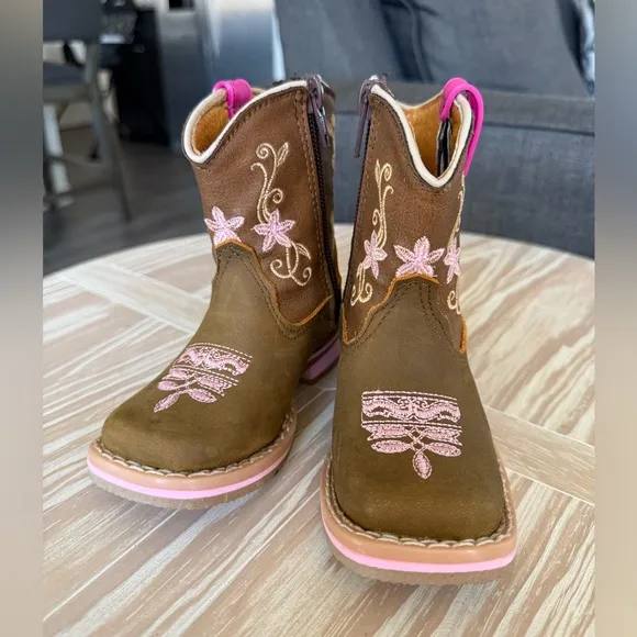 Made in Mexico|Baby girl cowboy leather boots,brown with floral embroidery•••New