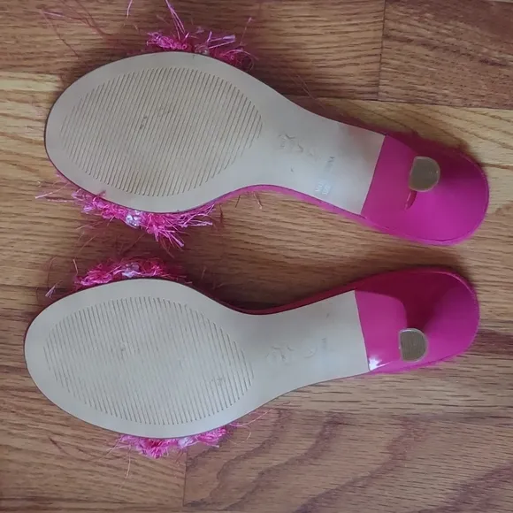 Magic Bus Hollywood Rhinestone &amp; Pink Suede Slipper Mules w/ Yarn Detail Size 7