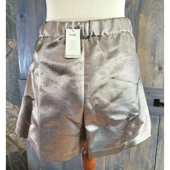 Maje Ilur Metallic High-rise Silk-blend Shorts In Gold Size 36 $295