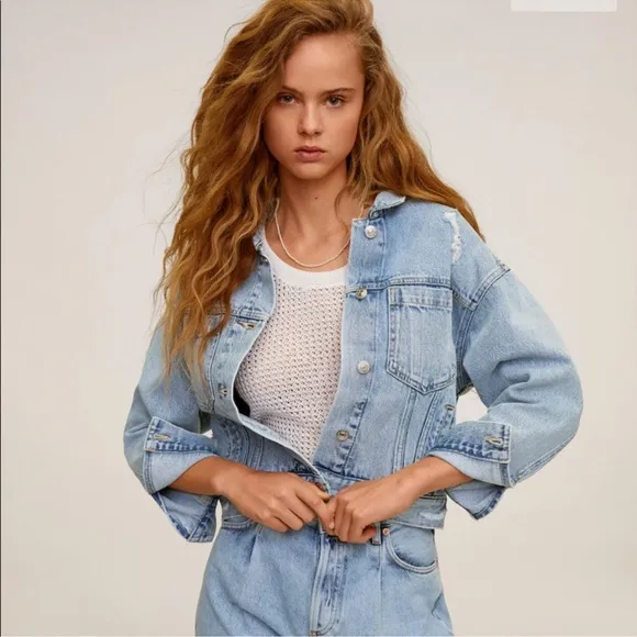 Mango EUC Distressed Denim Jacket Light Wash Relaxed Fit Size S/M Y2K Jeans