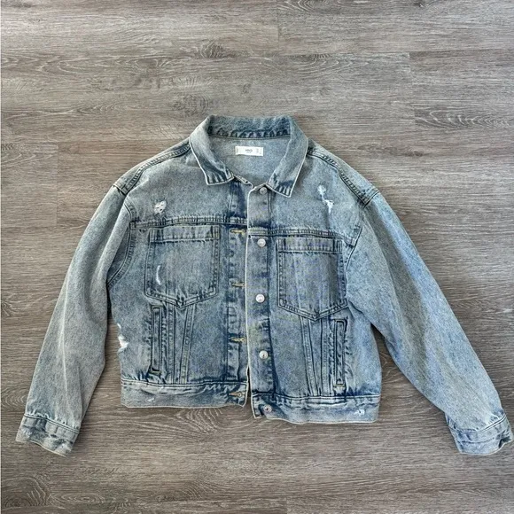 Mango EUC Distressed Denim Jacket Light Wash Relaxed Fit Size S/M Y2K Jeans