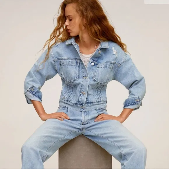 Mango EUC Distressed Denim Jacket Light Wash Relaxed Fit Size S/M Y2K Jeans