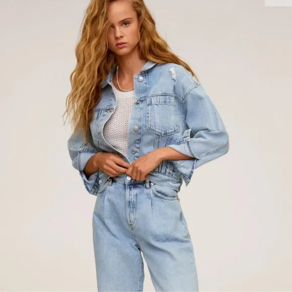 Mango EUC Distressed Denim Jacket Light Wash Relaxed Fit Size S/M Y2K Jeans