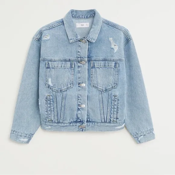 Mango EUC Distressed Denim Jacket Light Wash Relaxed Fit Size S/M Y2K Jeans