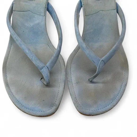 Manolo Blahnik Baby Blue Suede Thong Kitten Heel Mule Sandals