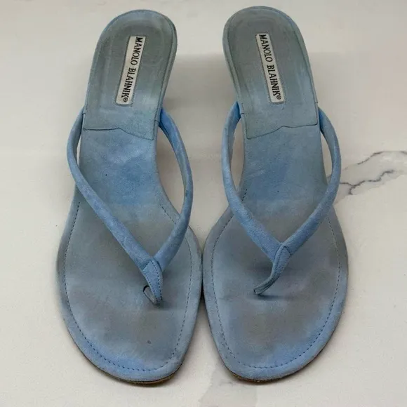 Manolo Blahnik Baby Blue Suede Thong Kitten Heel Mule Sandals