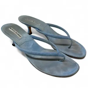 Manolo Blahnik Baby Blue Suede Thong Kitten Heel Mule Sandals