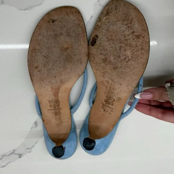 Manolo Blahnik Baby Blue Suede Thong Kitten Heel Mule Sandals