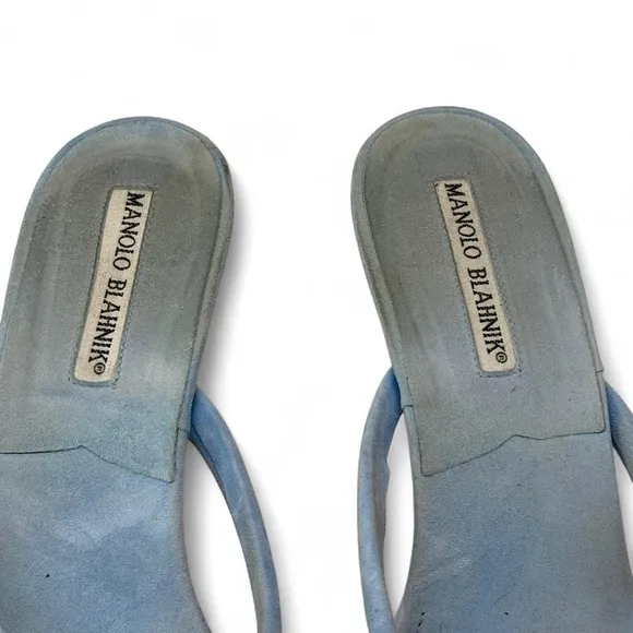 Manolo Blahnik Baby Blue Suede Thong Kitten Heel Mule Sandals