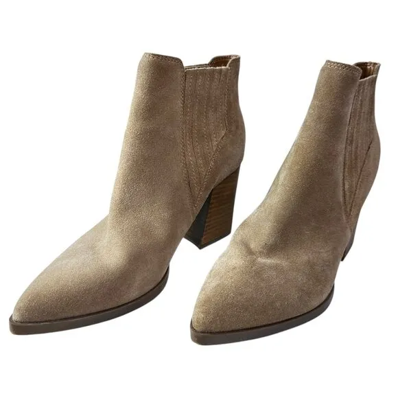 Marc Fisher Womens Ankle Booties Size 8 B/M Taupe Suede Pointed Toe Block Heel