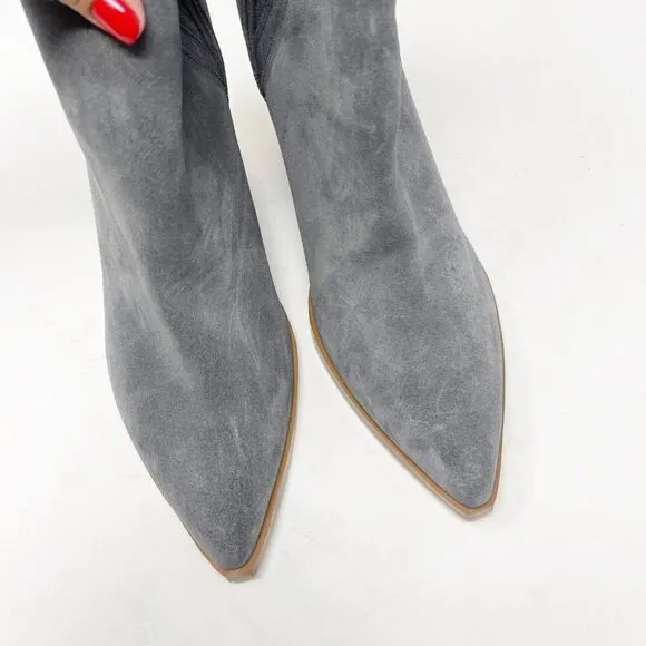 Marc Fisher Grey Suede Gadri Pointed Toe Stacked Heel Boots Booties