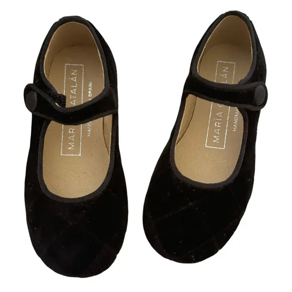 MARIA CATALAN Black Velvet Merceditas Mary Jane Shoes Diamond Cut Made in Spain